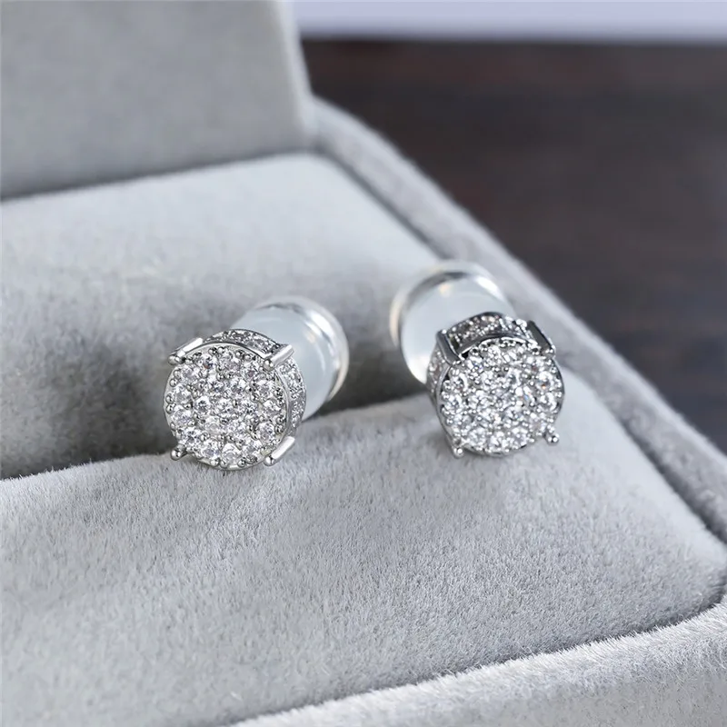 White Round Small Stone Earrings Male Female Hip Hop Crystal Earrings For Women Men Punk Jewelry Silver Color Wedding Earrings