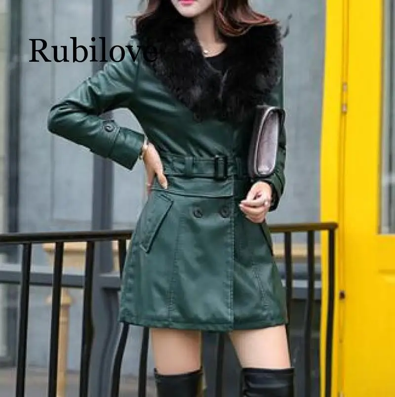 Rubilove 2019 зимняя новая Женская Длинная кожаная куртка пальто Женская мода большой меховой воротник толстый плюс хлопок тонкий плюс размер