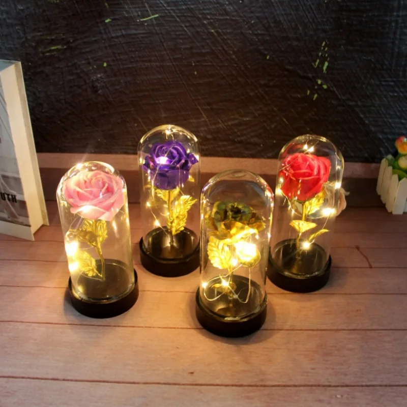 Drop Shipping Beauty and the Beast Red Rose in a Glass Dome with LED Light and Base for Valentine's Mother's Day Gifts Free Ship