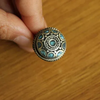 

RG332 Nepal India Vintage Jewelry Rings Metal Copper Inlaid Turquoises Round Ring or Thumb Rings