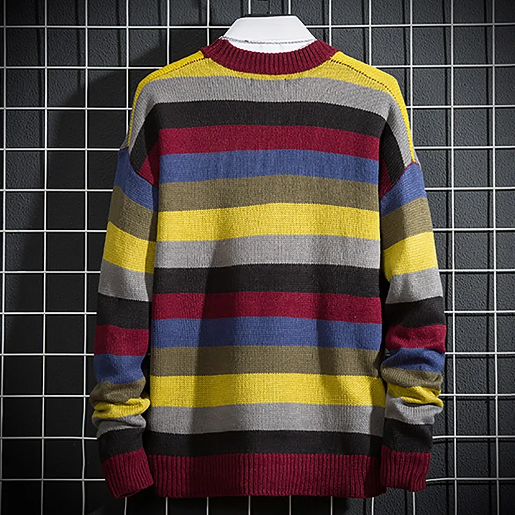 CHAMSGEND Hole Knit Stripe Sweater Men Autumn Winter Sweater Fashion Oversized Jumpers Men All-match Clothing