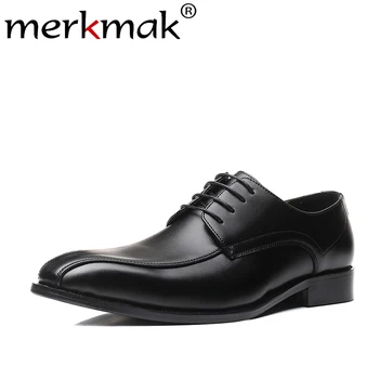 

Merkmak 2019 Autumn Men Shoes Fashion Pointed Toe Lace-up Dress Shoes Business Leather Formal Footwear Big Size Party Footwear