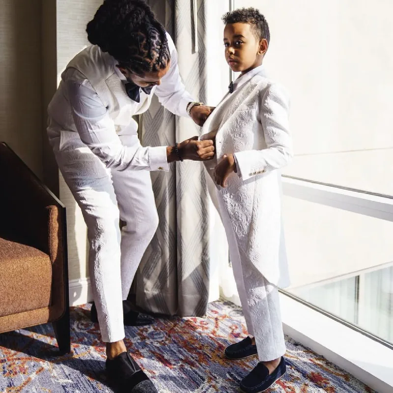 

White Floral Long Two Buttons Fashion Kid's Suits Custome Homme Tuxedos Wedding Party Prom Blazer Boys 3Pcs (Jacket+Pants+Vest)