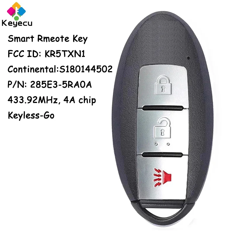 

KEYECU Keyless Go Smart Remote Car Key With 3 Buttons 433.92MHz 4A Chip for Nissan Kicks 2018 2019 2020 Fob S180144502, KR5TXN1