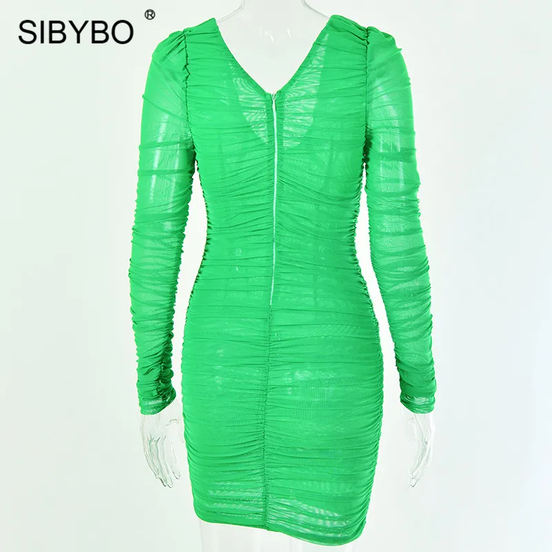 SIBYBO, весеннее Плиссированное сексуальное облегающее платье с двойной сеткой, модное летнее Мини-платье с длинным рукавом и v-образным вырезом, однотонные Клубные вечерние женские платья