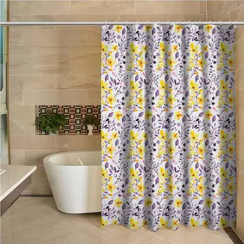 

Watercolor Professional Shower Curtain Yellow Wildflowers Artistic Spring Garden Botanical Foliage with Herbs Decorative