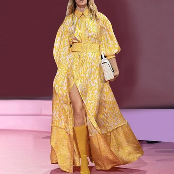 

Women Leopard Maxi Dress Button Up High Waist Sashes Summer Dress