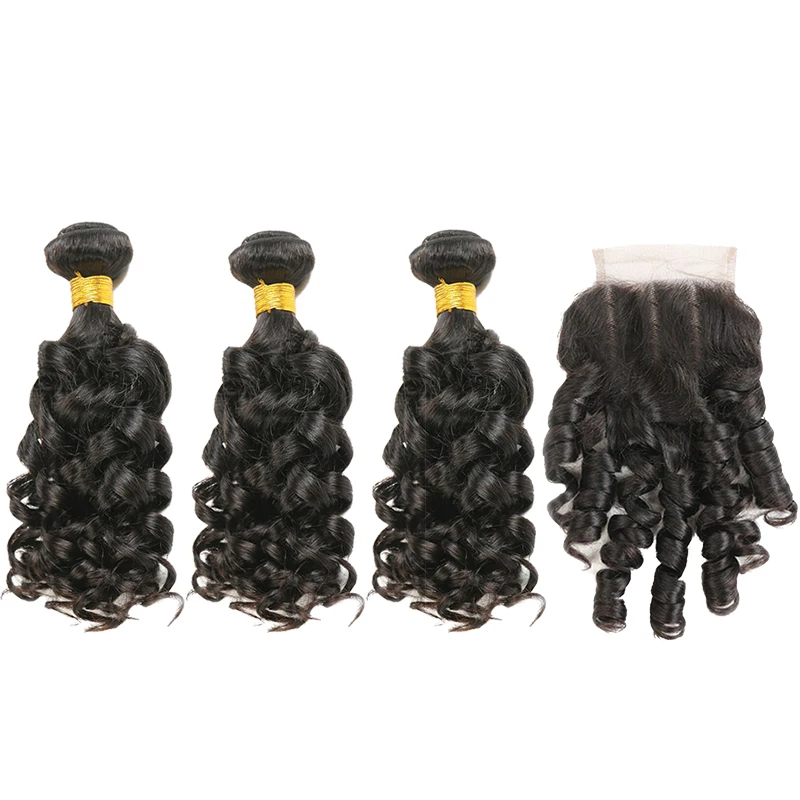 

Bouncy Curly Human Hair Bundles With Closure SOKU 3PCS Brazilian Hair Weave Bundles With Lace Closure Non-Remy Hair Extension