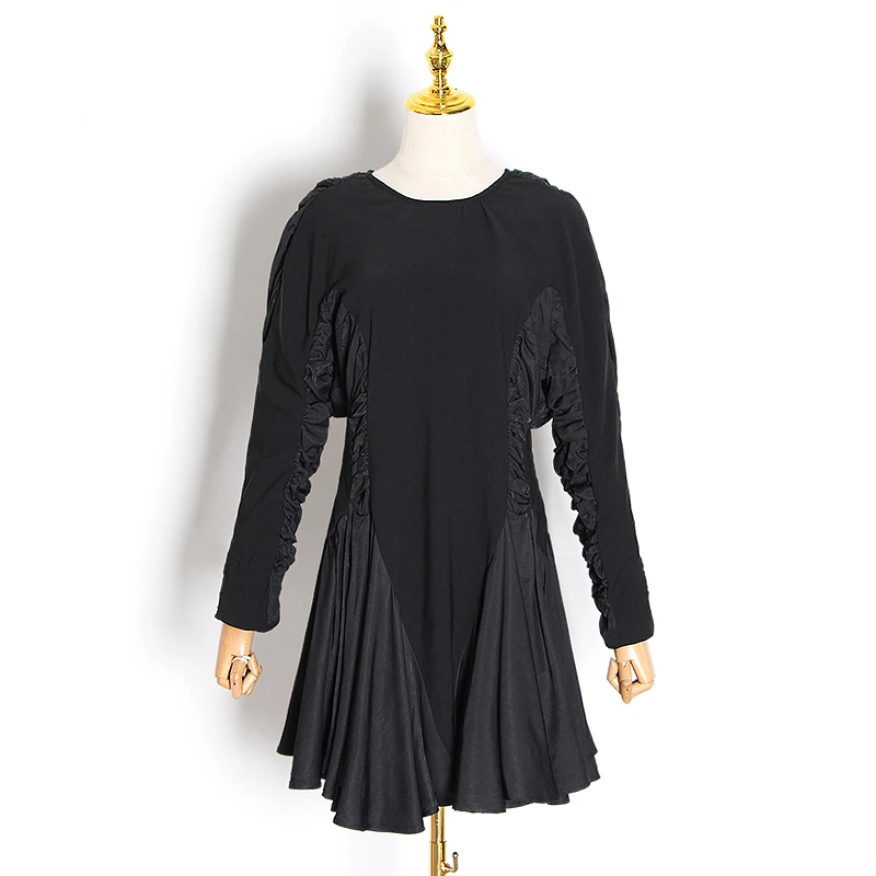 GALCAUR Лоскутные женские платья с оборками и круглым вырезом, Пышное Платье с длинным рукавом и высокой талией с рюшами, Женская мода, новая одежда - Цвет: black