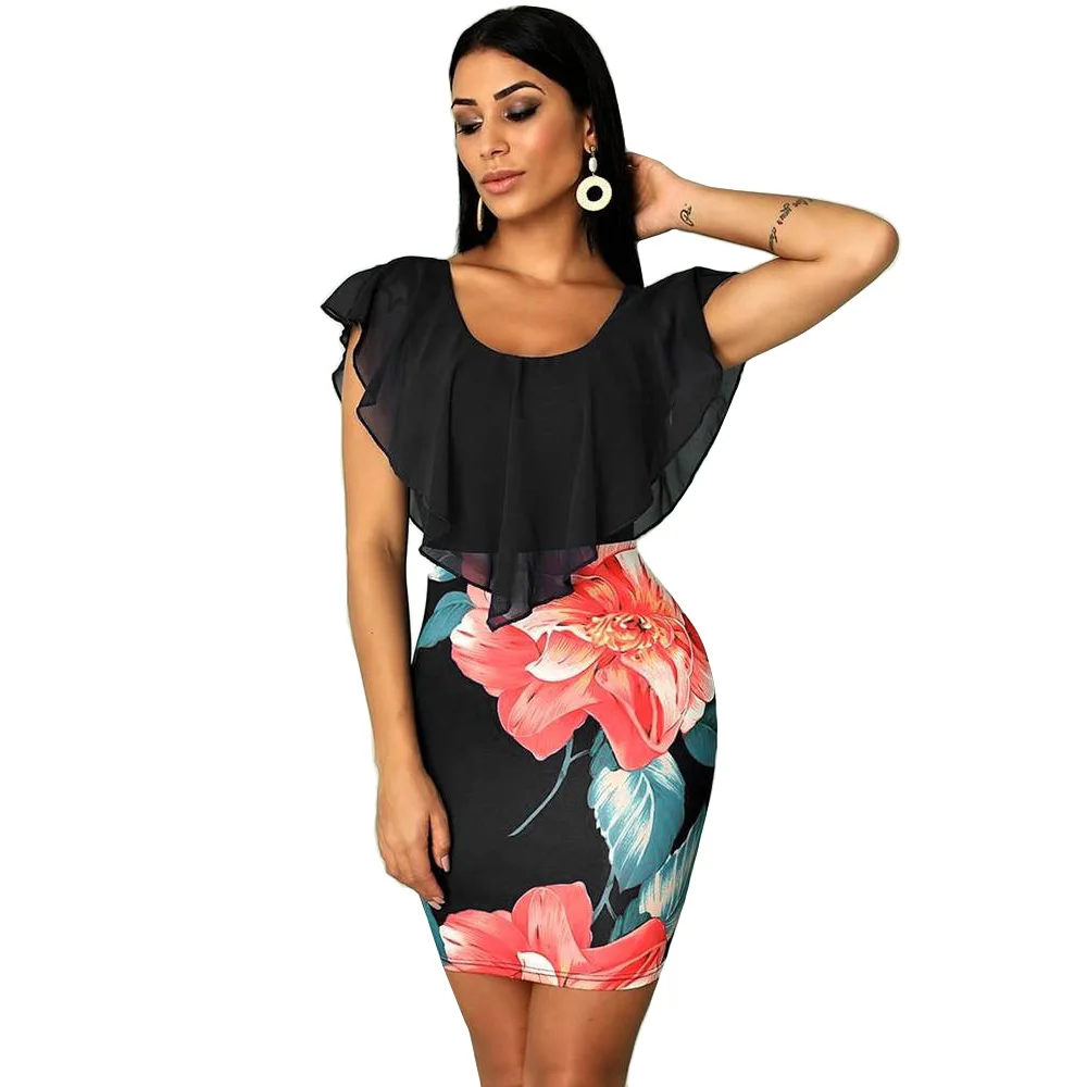 

Floral Print Dress Women Summer Ruffled Mini Dress Sexy A-Line Bodycon Dress Femalr Vintage Party Slim Dress Vestidos Mujer D30