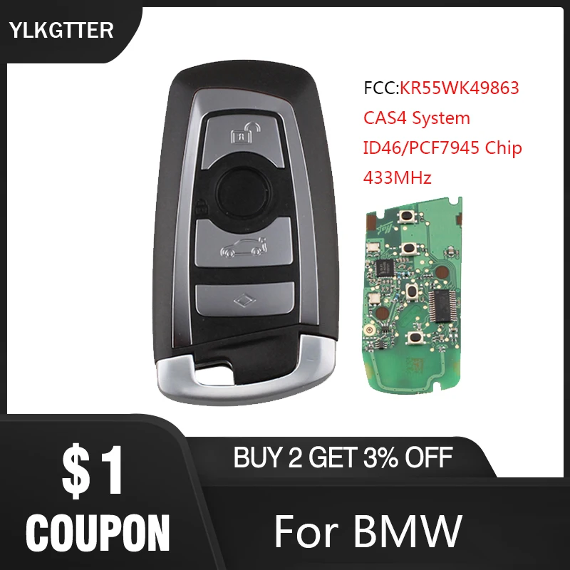 

YLKGTTER 4 Buttons Smart Remote Keyless Fob Key Suit for BMW 1 3 5 7 Series CAS4 System with 433MHz ID46/PCF7945 Chip Smart Key