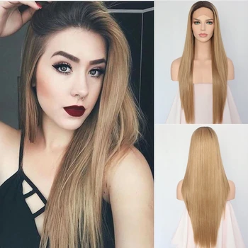 

Lvcheryl Natural Long Silky Straight Ombre Ash Blonde Dark Roots Synthetic Lace Front Wigs for Women