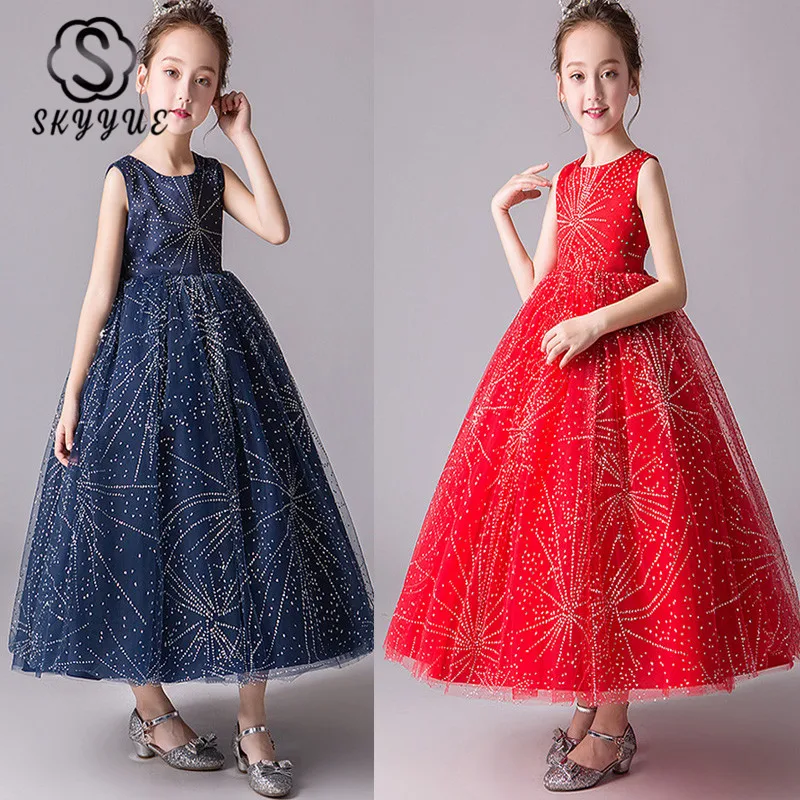 

Skkyue Flower Girl Dress for Wedding Kid Party Shiny Star Printing Red O-neck Tulle Long Communion Dress 4-15 Years 2019 BX2966