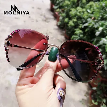 

New Crystal Rimless Sunglasses Women Luxury Brand Designer Rhinestone Frameless Gradual Sun Glasses Shades Hexagon
