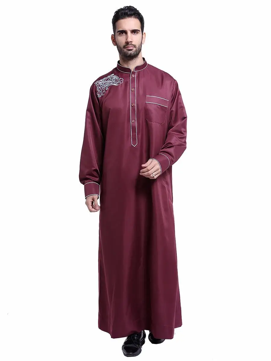 Модные мужские халаты мусульманская одежда с длинными рукавами вышивка арабские Дубаи индийские Ближний Восток исламский человек джубба Тобе плюс размер 3XL - Цвет: Red wine
