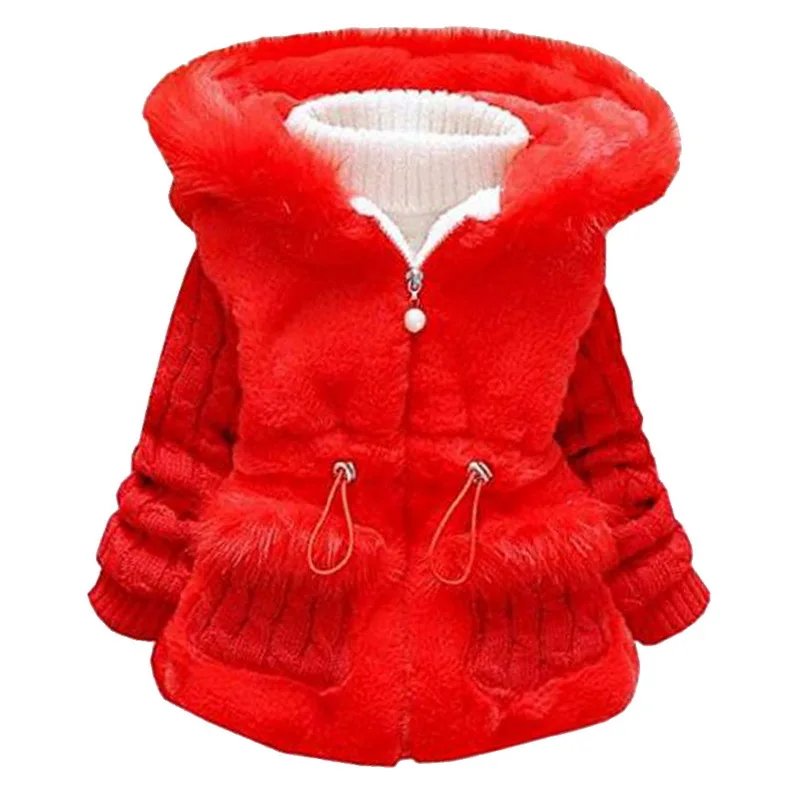 Новая зимняя одежда для маленьких девочек; детское утепленное хлопковое пальто с мехом; детская теплая вязаная куртка; флисовый зимний комбинезон для малышей; одежда с капюшоном - Цвет: Red