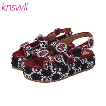 

Thick Sole Sandals Women Rhinestone Buckle Beach Shoes Ladies Letter Embroidery Platform Sandals Woman Mixed Color Summer Shoes