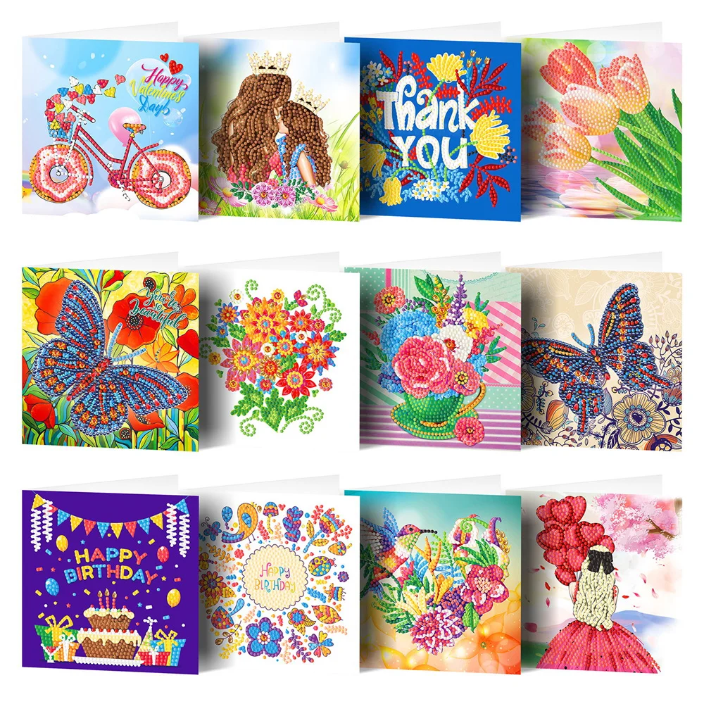 12 pcs set Handmade festival greeting postcard DIY Birthday cards gift for kids 5D diamond painting Greeting card