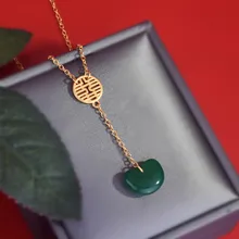 

Foydjew Classic Necklace Retro Gold Jewelry with Green Jade Chalcedony Heart Shape Pendant Accessories For Women Wedding Gifts