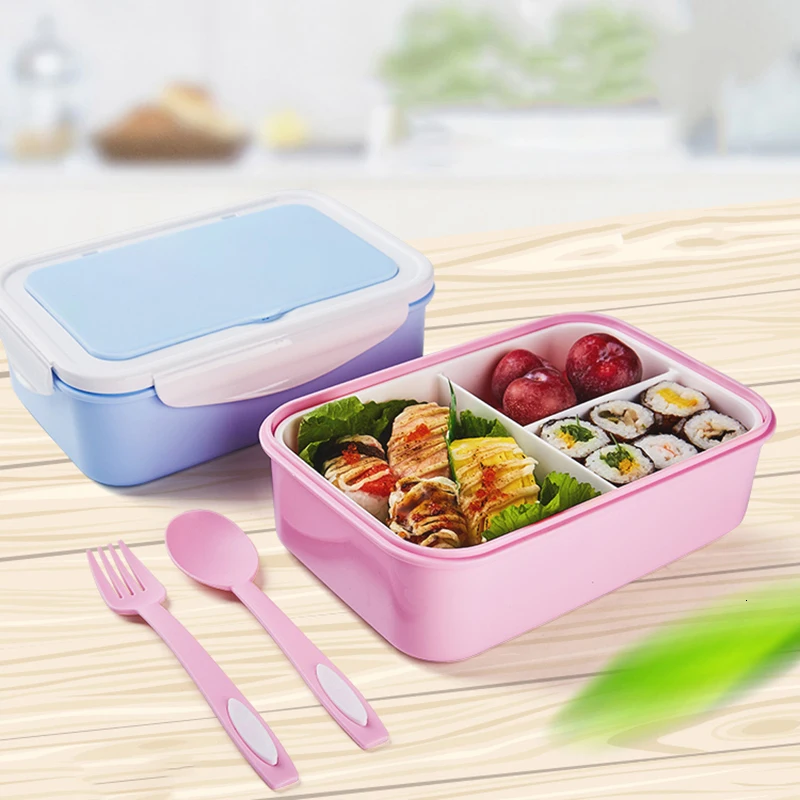 Контейнер Bento для обеда, микроволновая печь, пищевая полипропиленовая пластиковая Однослойная посуда для женщин и детей, однотонная, розовая, синяя, хаки, зеленая