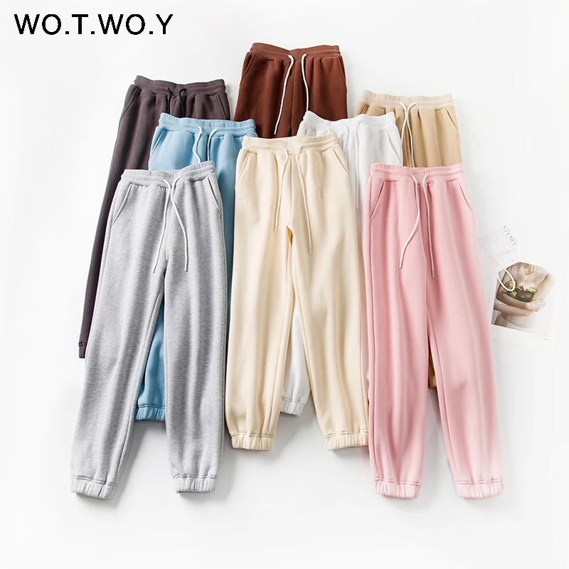 Pencil-Pants Thick-Trousers Drawstring High-Waist WOTWOY Cotton Women Fleece Winter Casual