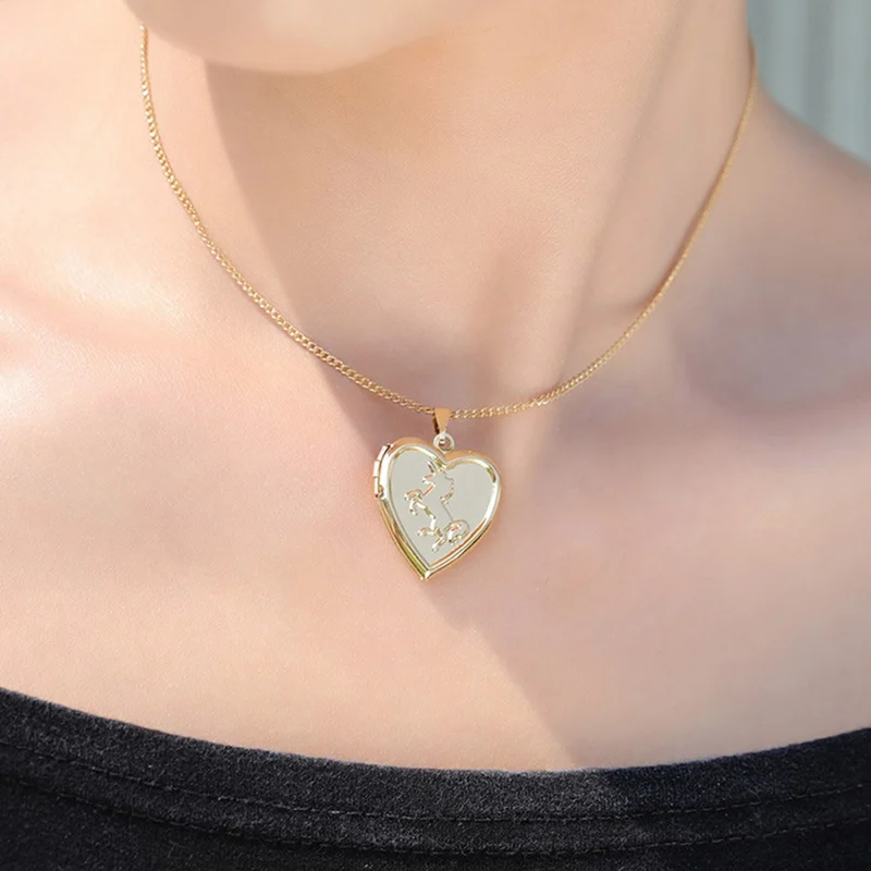 1 Pc Plated Gold Heart Shaped Friend Photo Picture Frame Locket Unicorn Pendant Necklace Romantic Fashion Jewelry Nice Gift