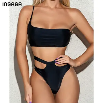 

INGAGA High Waist Bikinis Swimsuits Cut Out Swimwear Women One Shoulder Biquini Push Up Bathing Suits Black High Cut Bikini Set