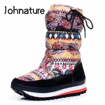 

Johnature Winter Platform Boots Round Toe Women Shoes Waterproof Non-slip Flat With Sewing Flower National Style Snow Boots