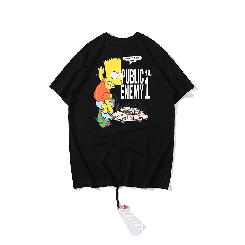 Black Симпсон мультфильм 19ss Off-White OW мужчин/женщин унисекс Мода пара влюбленных моделей хлопок Повседневная короткий рукав круглый вырез Футболка - Цвет: Black
