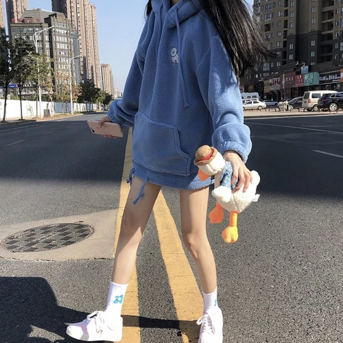 Женская толстовка, Осень-зима, harajuku, пуловер, розовый, негабаритный, длинный рукав, kawaii, флисовая Толстовка для женщин - Цвет: Синий