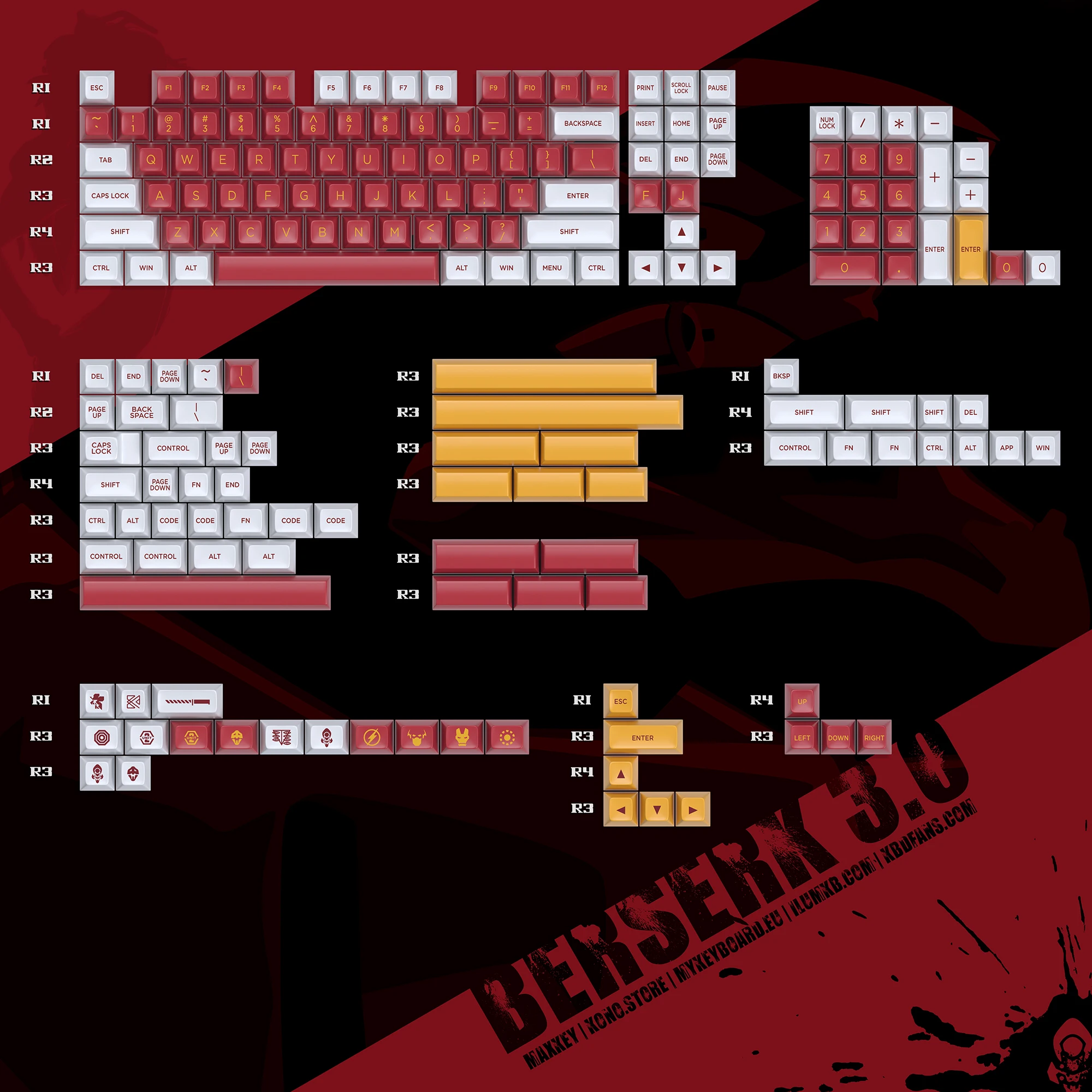 Maxkey Berserk R3 SA 키캡 세트, 더블 샷 기계식 키보드, 체리 Mx 스위치, 189 키 풀 세트 맞춤형