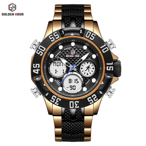 Relogio Masculino GOLDENHOUR мужские часы Топ люксовый бренд мужские спортивные часы из нержавеющей стали Цифровые мужские часы Военные Наручные часы - Цвет: gold black