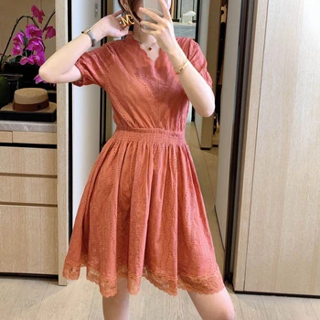 

Retro Style Embroidery Sexy Hollow V Neck Short Sleeve Stitching Lace Mini Dress Women'S Clothing High Quality New Temperament