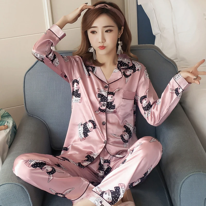 Caiyier/женский Шелковый пижамный комплект с длинными рукавами и отложным воротником, ночное белье, сатиновая сексуальная одежда для отдыха, осенне-зимняя ночная рубашка M-5XL - Цвет: pink rabbit