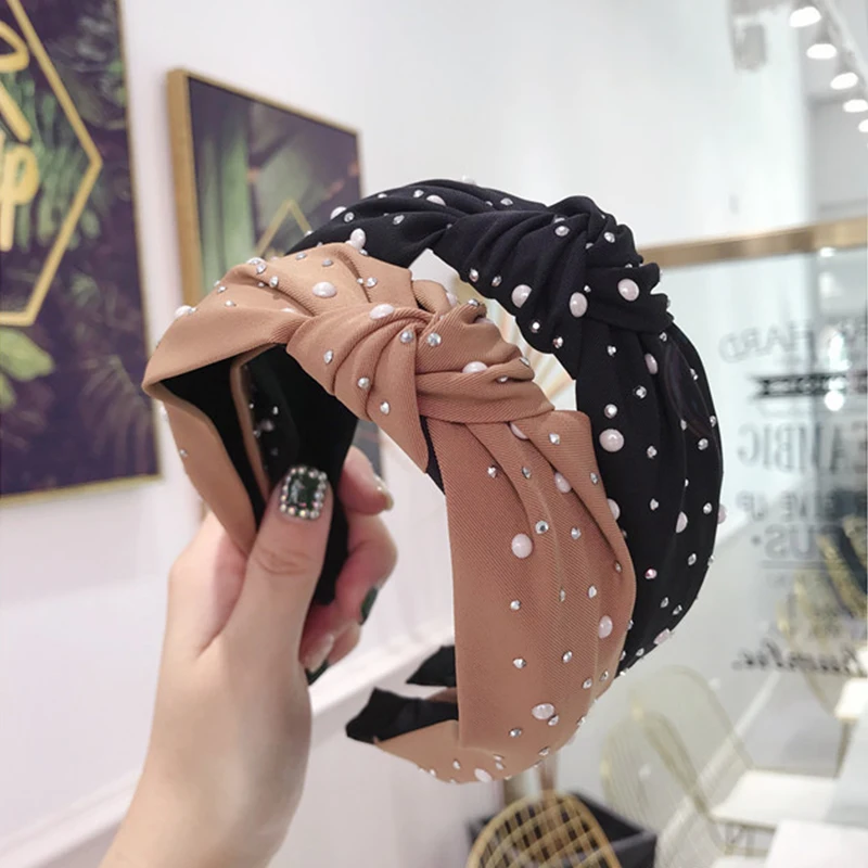 CN Fashion Knot Rhinestone Hairbands Shining Pearl Ornament Headbands Handmade turban For Girls Womens Hairhoop Hair Accessories
