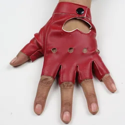 Wine Red Heart Hollow Half Finger Leather Dance Gloves Women Punk HipHop Driving Motorcycle Performance Party Fingerless Mittens