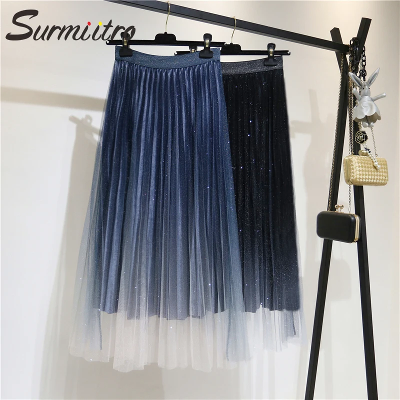 Женская длинная юбка из тюля с бархатом SURMIITRO, чёрно-синего цвета Градиент плиссированная макси-юбка с высокой талией в корейском стиле для женщин осень-зима