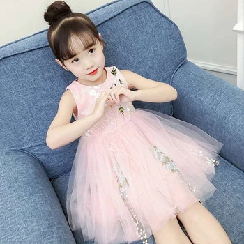 

EACHIN Girls Dresses Summer Baby Kids Mesh Embroidered Print Sundress Lace Flower Princess Dress Pompon Net Yarn Girls Clothes