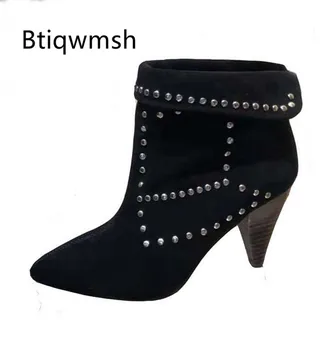 

2019 Classic Design Ankle Boots Women Point Toe Rivet Embroidery Strange Heel Boots Woman Retro Martin Boots