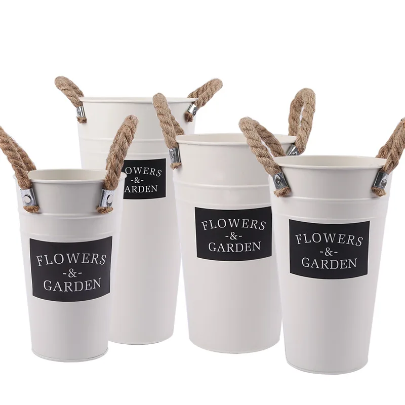 

Retro White Flower Bucket Metal Flower Pot Floral Plants Creative Iron Storage Container Garden Home Tabletop Decoration