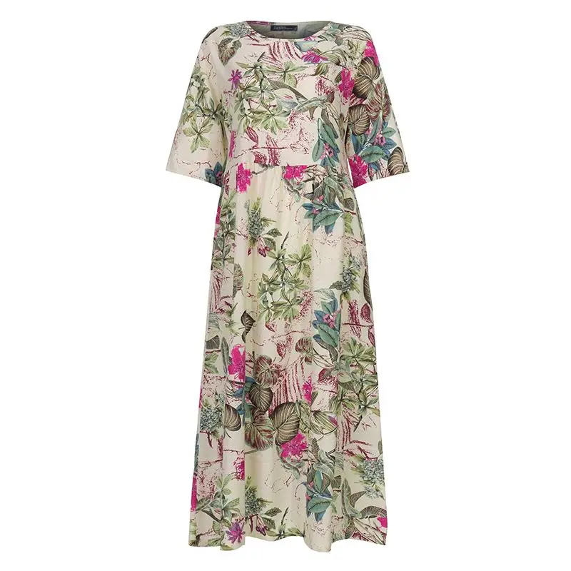 3 Red Floral Элегантное женское летнее платье с принтом, ZANZEA, Повседневный Сарафан с цветочным рисунком, рукав до локтя, макси, Vestidos, женское Плиссированное Платье, Femme S-5XL - Цвет: 3 Red Floral