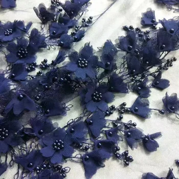 

latest handmade blue color embroidered net lace fabric with 3D flower JOY-31009 beaded african tulle lace for party dress fabric