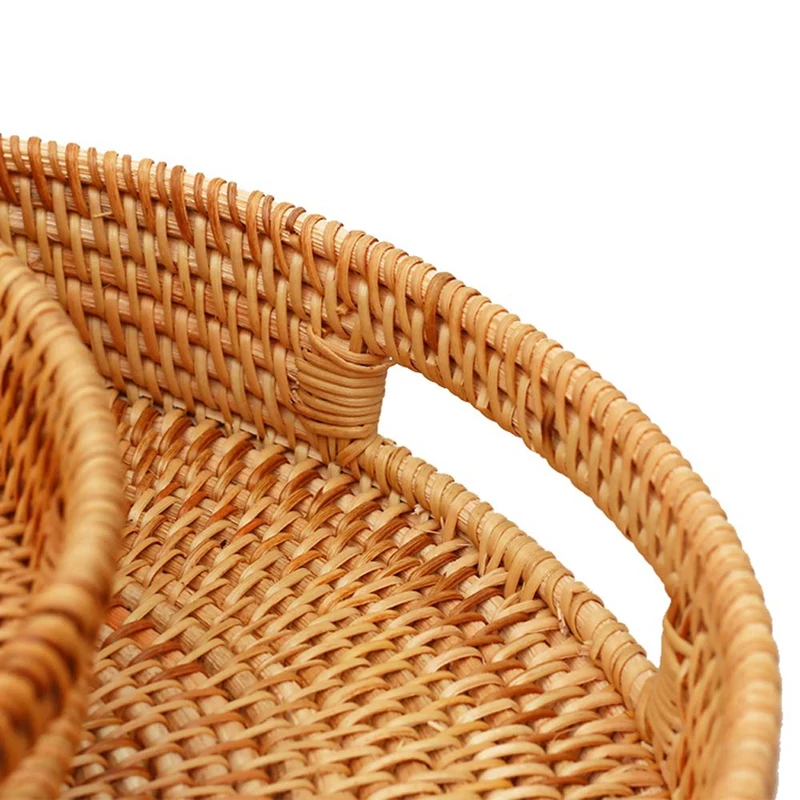 Rattan Hand Woven Round High Wall Severing Tray Food Storage Platters Plate with Handles for Breakfast, Drinks, Snack for Coffee