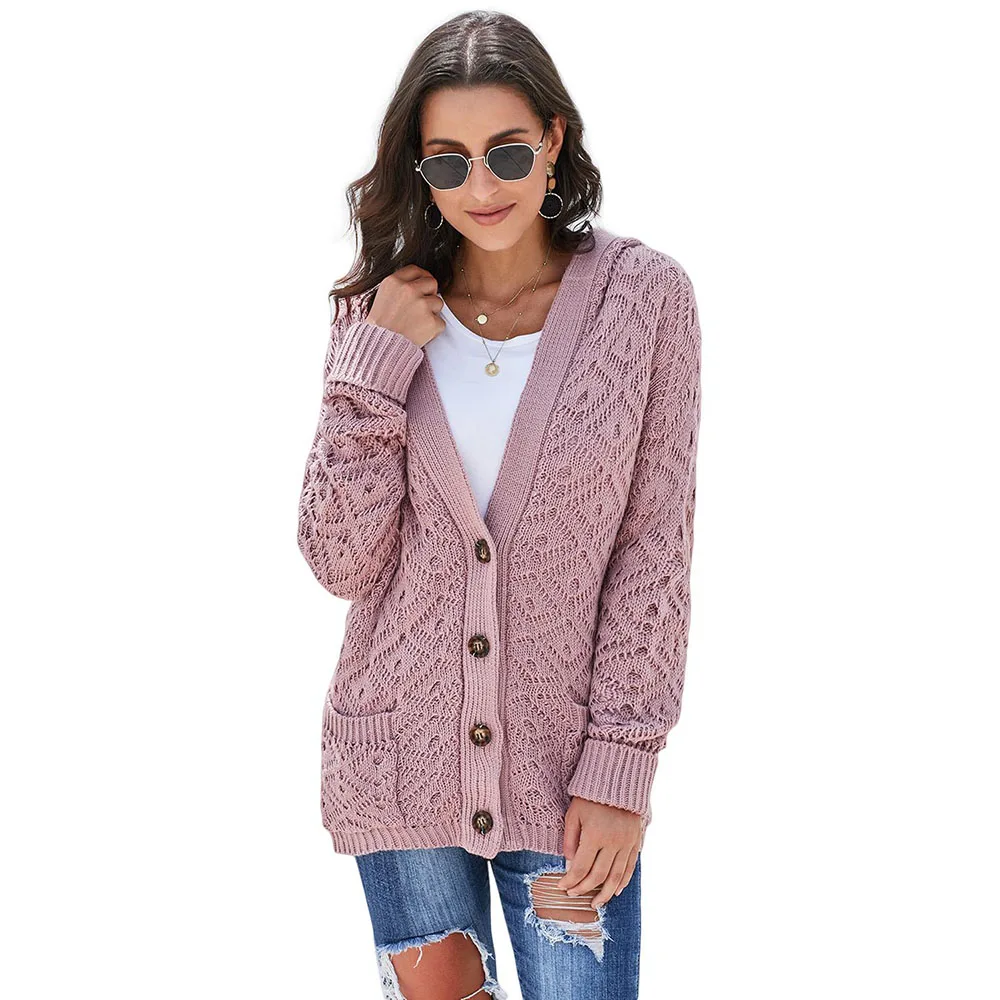 Pink Sweaters SEBOWEL осень весна ребристый вязаный кардиган с капюшоном женский свитер джемпер на пуговицах женские свободные свитера трикотажное пальто карманы - Цвет: Pink Sweaters