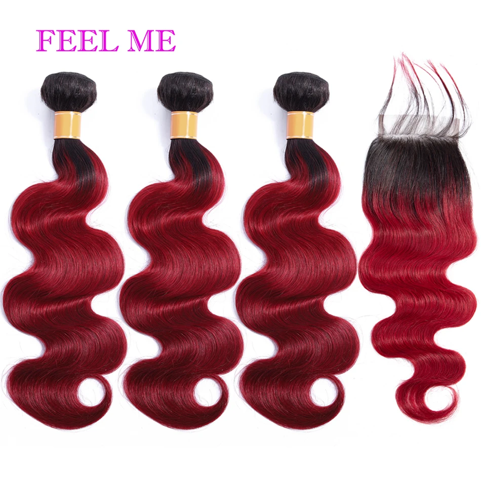 

FeelMe Ombre Brazilian Body Wave Human Hair Bundles With Closure Remy 1B/Burgundy 3/4 Bundles With Closure 4x4inch Free Part