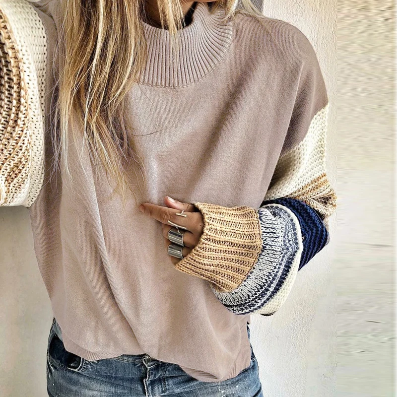 Элегантный лоскутный свитер с длинным рукавом для женщин 2XL Повседневный Свободный вязаный пуловер для женщин осень-зима топы с круглым вырезом свитера для женщин - Цвет: Apricot
