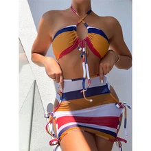 2021 New Sexy Print Swimsuit 3pieces Mesh Bikini Set Triangle Micro Bikini String Halter Swimwear Women High Waist Bathing Suit