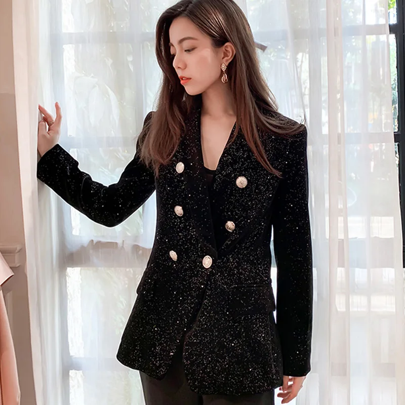 

Plus Size New Fashion 2019 Runway Women Jacket Shawl Collar Long Sleeve Glitter Sequins Blazers Double Breasted Blazer Outerwear