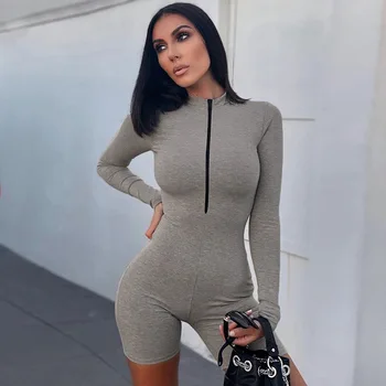 

Lounge wear Knit Rib Fitness Playsuit Sexy Sportswear Zipper V Neck Long Sleeve Bodycon Bikers Shorts Rompers Womens Jumpsuit