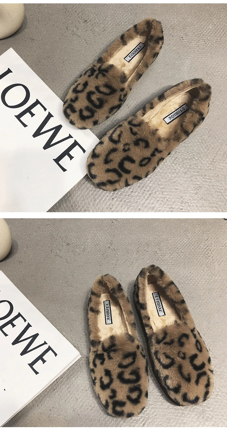 Celebrities leopard furry flats dowager outwear comfy shoes woman slip on plush warm moccasins ladies lazy femme loafers trendy